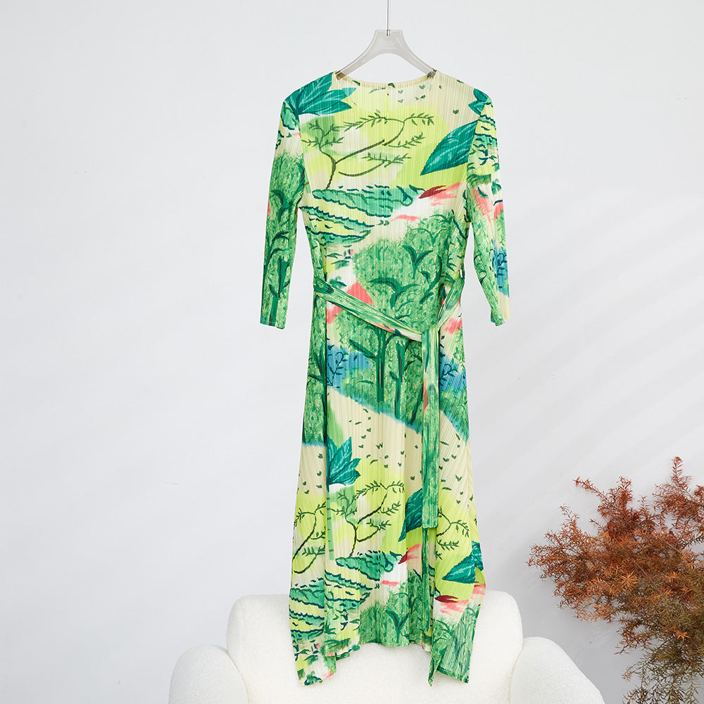 Pleated Belt Dress For Women Fashion Printed Round Neck Long Sleeves A-line Dresses Female Clothing
