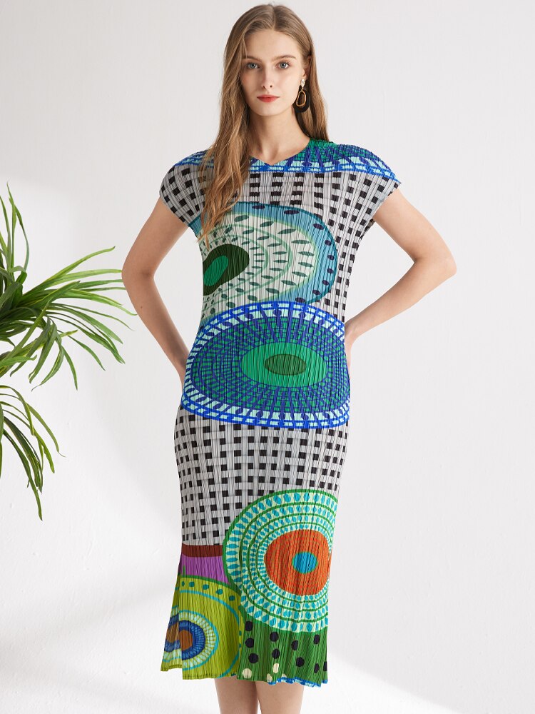 TIANPEI Pleats Plaid Printed Flying Sleeve Dress  New Spring Summer Causal Long Split Evening Dresses Aesthetic Clothes