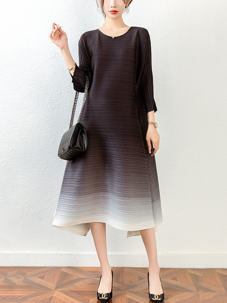 Women Pleated Dress Gradient Color O-neck Elegant Loose Waist Long Sleeve Dresses