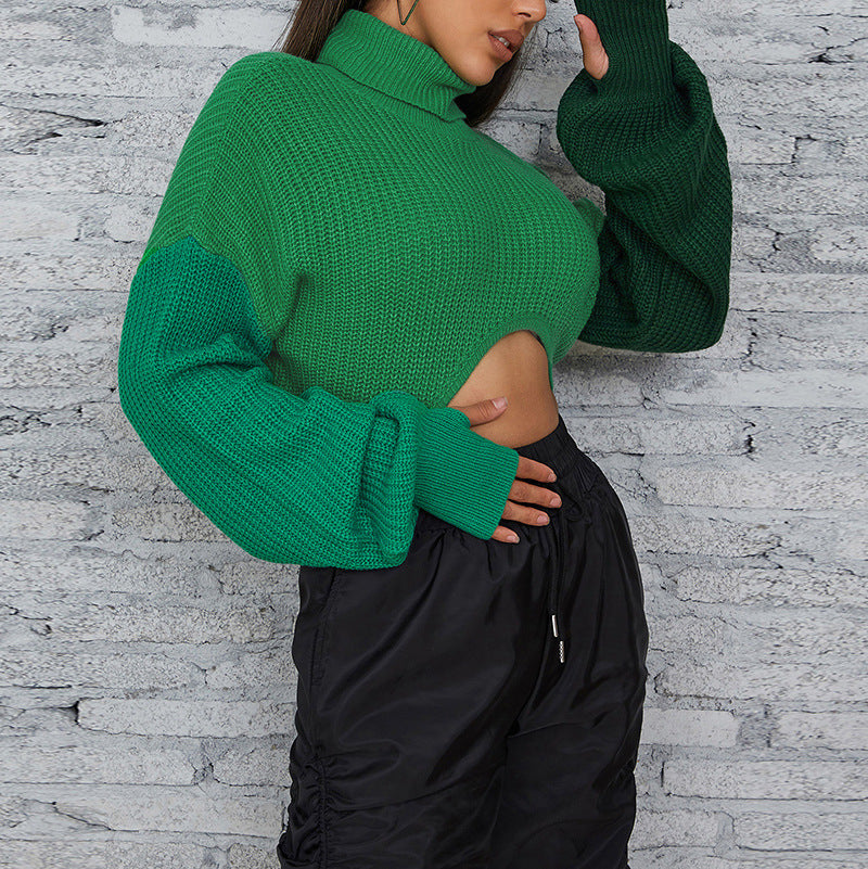 Autumn New Style Women's Fashion Color Contrast Splicing Long Sleeve Street Shot Knitting High Collar Loose Casual Sweater