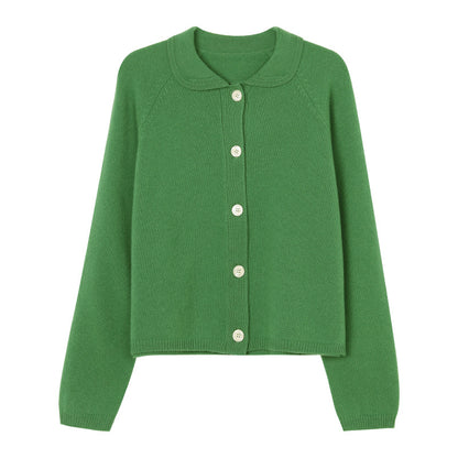 White Lapel Knitted Cardigan Loose Solid Color