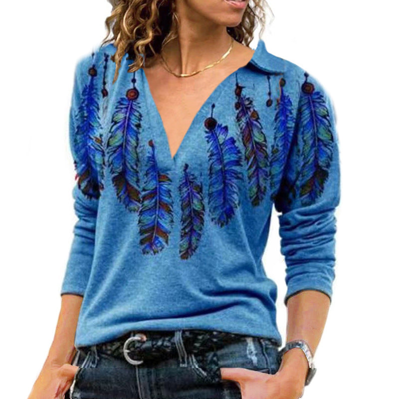 Ladies Retro Print V Neck Long Sleeves