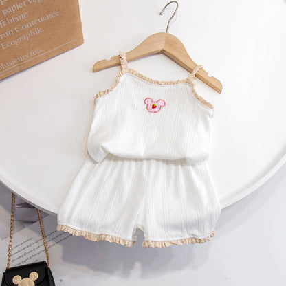 Girls' Home Service Suit Summer Suspender Pajamas Thin Style Western-style Vest Breathing Cotton Air-conditioning Suit