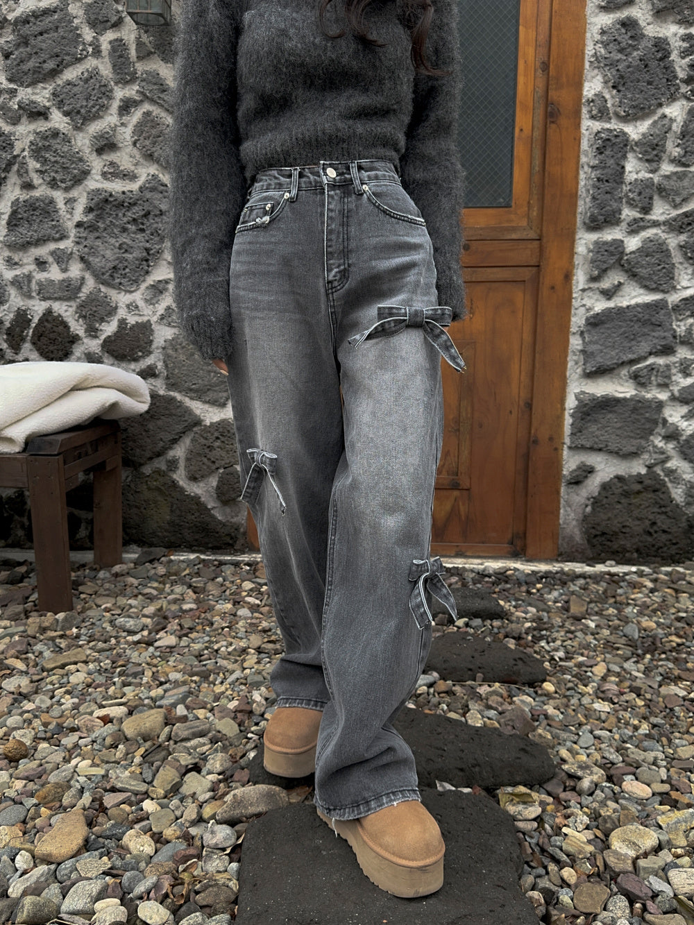 High Waist Slimming Casual Straight-leg Bow Washed Jeans Women's Pants