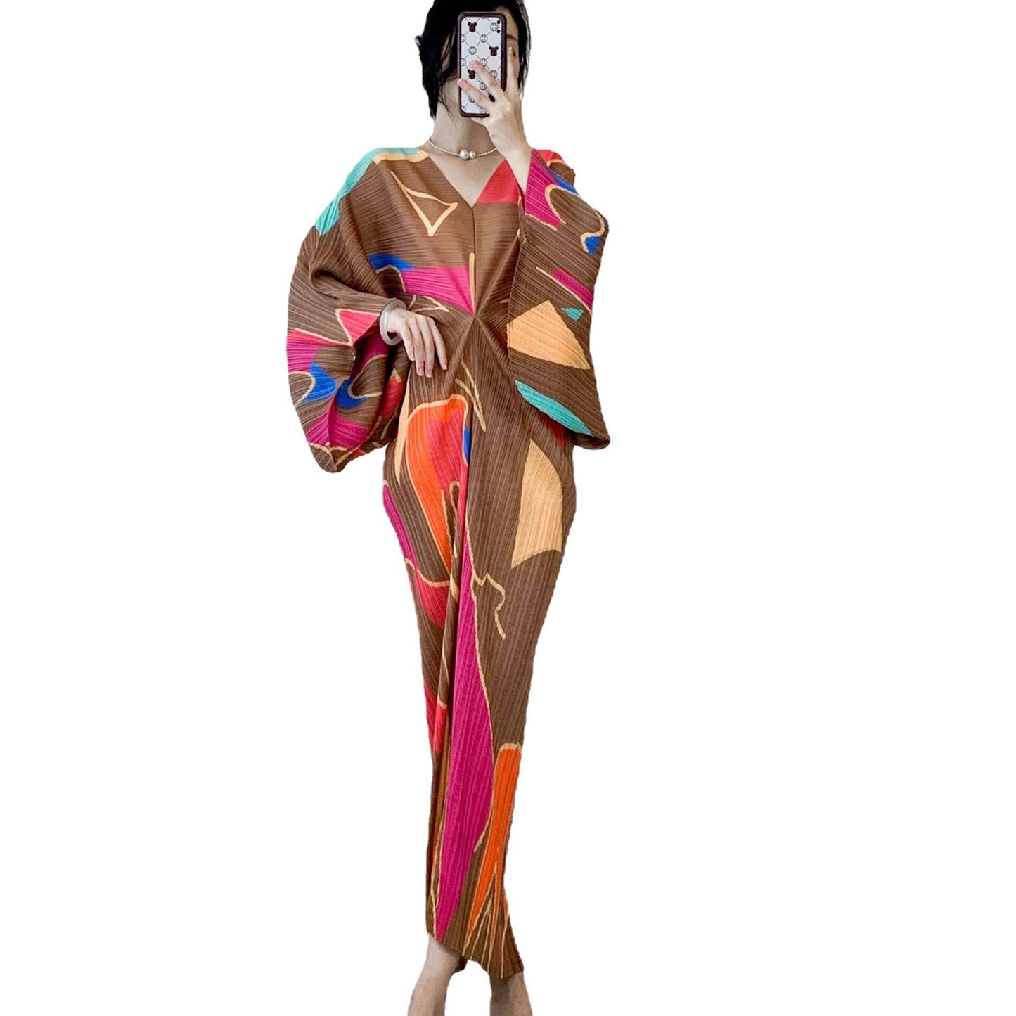 Miyake Pleated Temperament V-neck Geometric Pattern Printing Bat Sleeve Women's Long Dress High Stretch Large Vintage Fashion