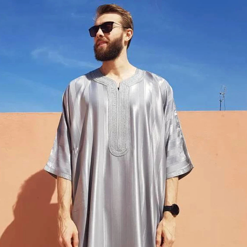 ElzEy Men's Long Sleeve Muslim Abaya Lslamic Dress Middle Eastern Saudi Clothing Moroccan Man Thobe Jubba Kandora Djellaba