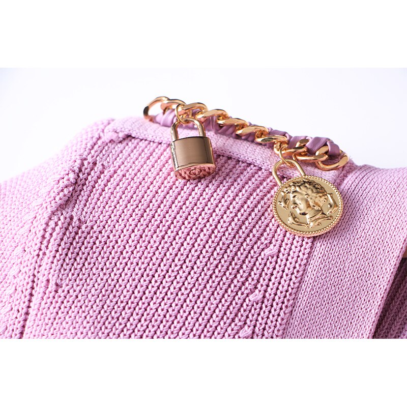 Gorgeous Designing Sexy V-neck Luxury Gold Metal Chain Sweater Knitting Women Violet Color Slit Fit Street Dress