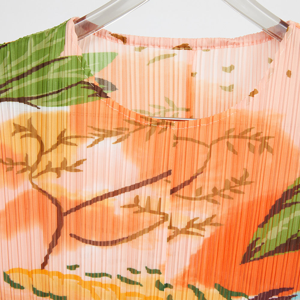 Pleated Belt Dress For Women Fashion Printed Round Neck Long Sleeves A-line Dresses Female Clothing