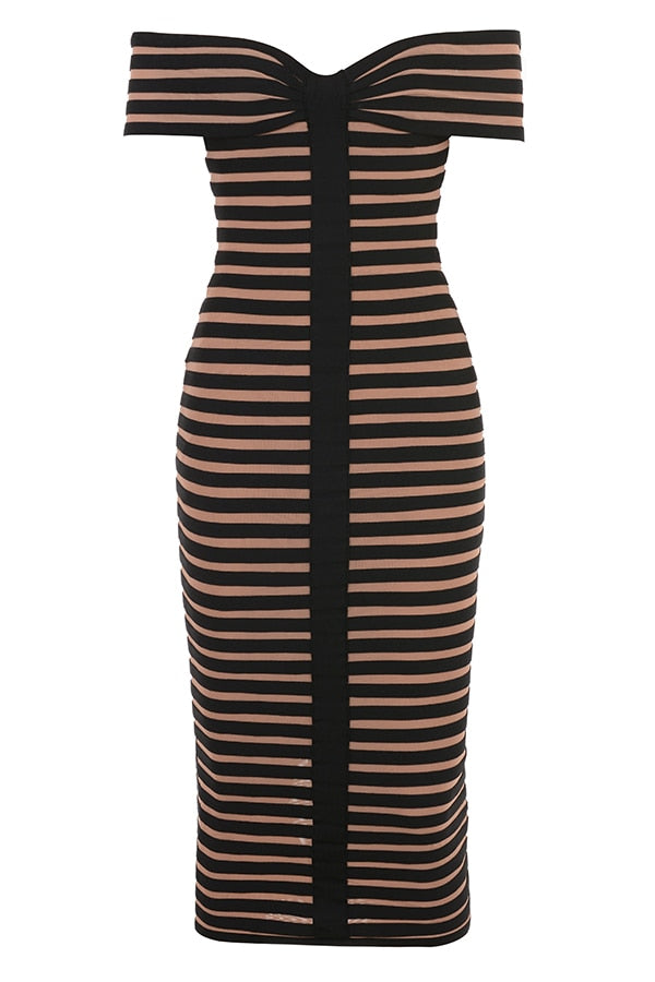 JUNE LIPS  New  Women Off Shoulder Party Dress  Black Stripe Midi Bandage Dress Sexy  Birthday Evening Dress Outfits