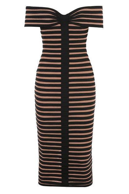 JUNE LIPS  New  Women Off Shoulder Party Dress  Black Stripe Midi Bandage Dress Sexy  Birthday Evening Dress Outfits