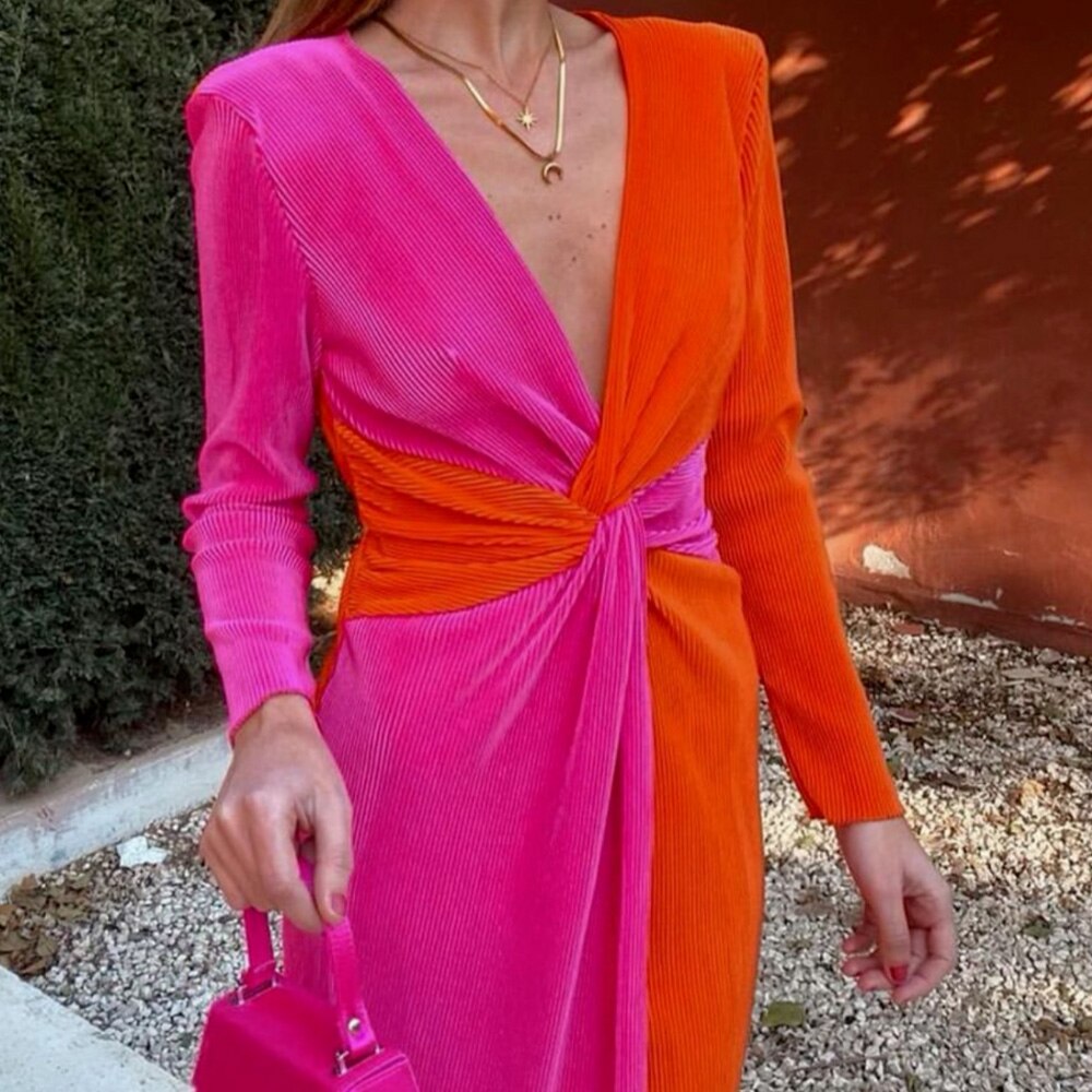 PB&ZA summer new women's fashion temperament V-neck chic slim knot decorated colour blocking pleated dress