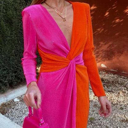 PB&ZA summer new women's fashion temperament V-neck chic slim knot decorated colour blocking pleated dress