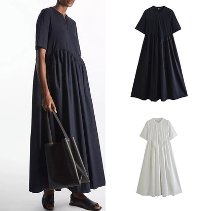 PB&ZA summer new women's fashion round neck simple style cotton knit poplin patchwork zip loose dress
