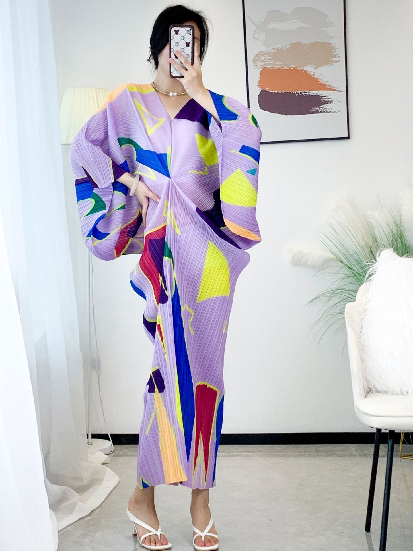 Miyake Pleated Temperament V-neck Geometric Pattern Printing Bat Sleeve Women's Long Dress High Stretch Large Vintage Fashion