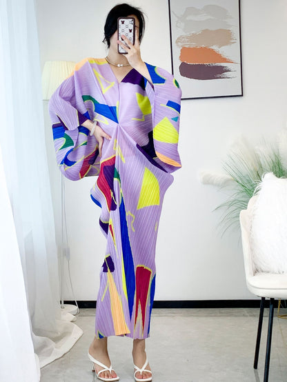 Miyake Pleated Temperament V-neck Geometric Pattern Printing Bat Sleeve Women's Long Dress High Stretch Large Vintage Fashion