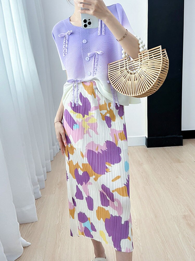 Printing Pleated Skirts For Women Korean Fashion High Waist With Elastic Slit Elegant Midi Skirt