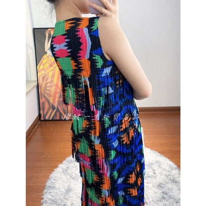 Pleated Woman Sleeveless Dress Hit Color Print Tassel Slim Halter Long Length Beach Style Dresses 2023 New Summer 15HT205