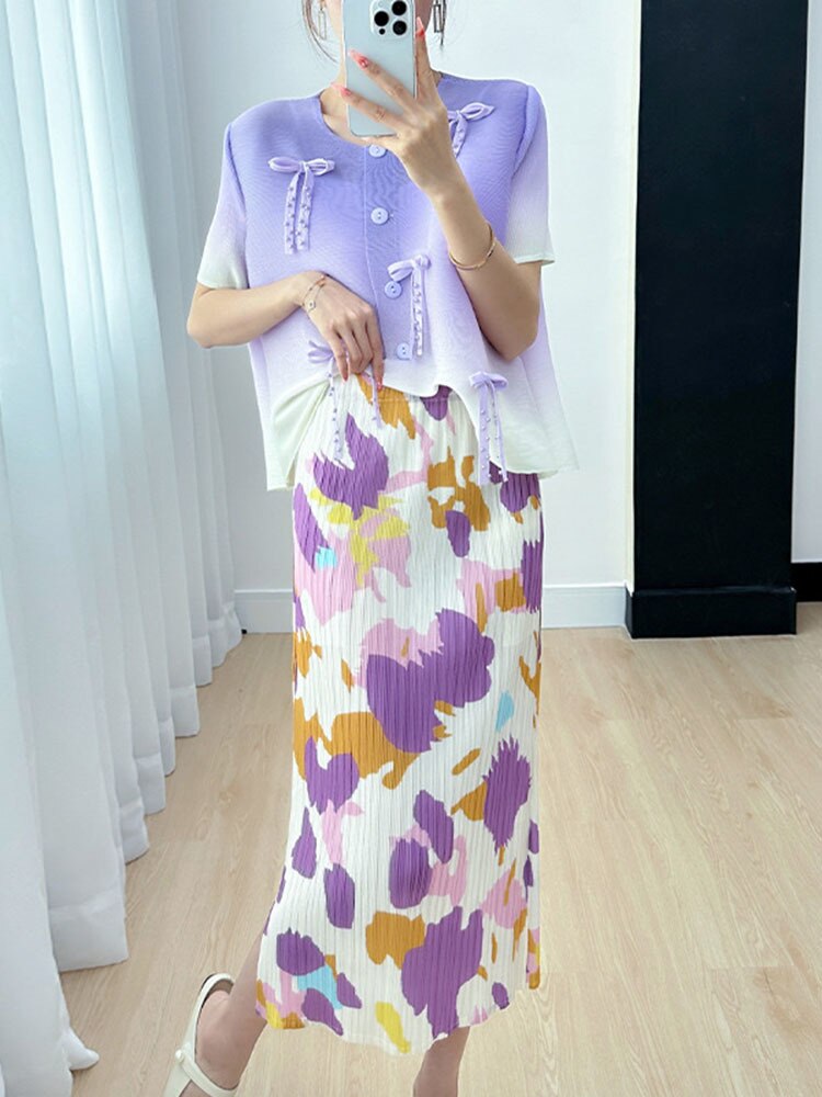 Printing Pleated Skirts For Women Korean Fashion High Waist With Elastic Slit Elegant Midi Skirt