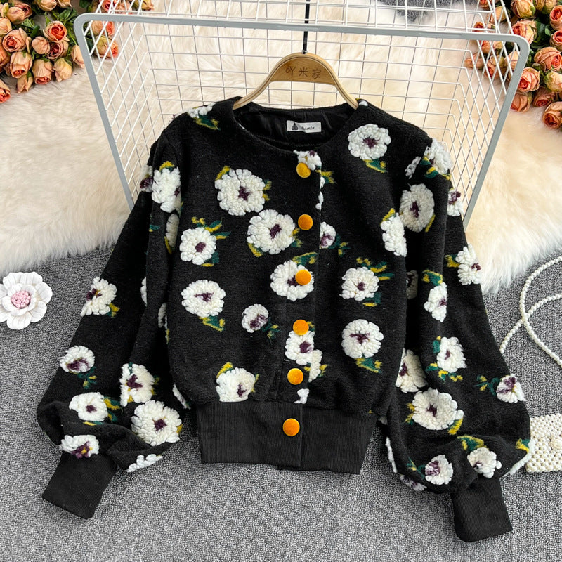 Autumn And Winter New French Retro Three-Dimensional Flower Temperament Slim Single Breasted Cardigan Short Coat Women Fashion