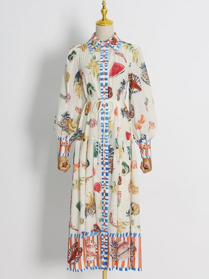 FRUIT PRINTED LONG DRESS FLIP NECK LAMP SLEEVE TIE UP DRESS