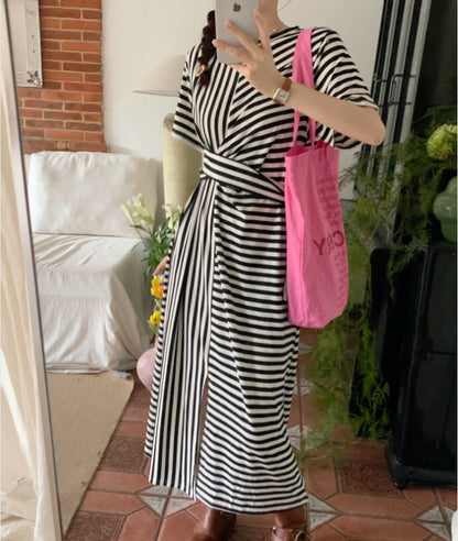 Korean Version of French Design with Irregular Tie Up Waist And Round Neck, Medium Length Split Stripe Short Sleeved Dress