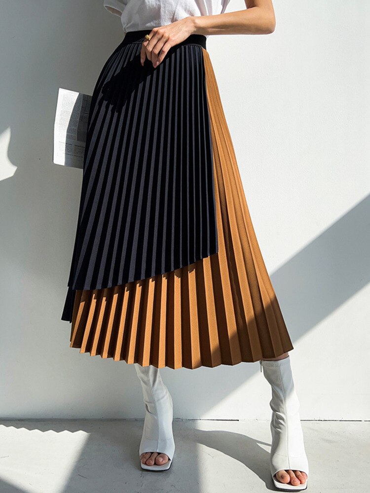 Women Skirt High Elastic Waist Contrast Colors Fashion Fold Skirts Female Clothing Irregular