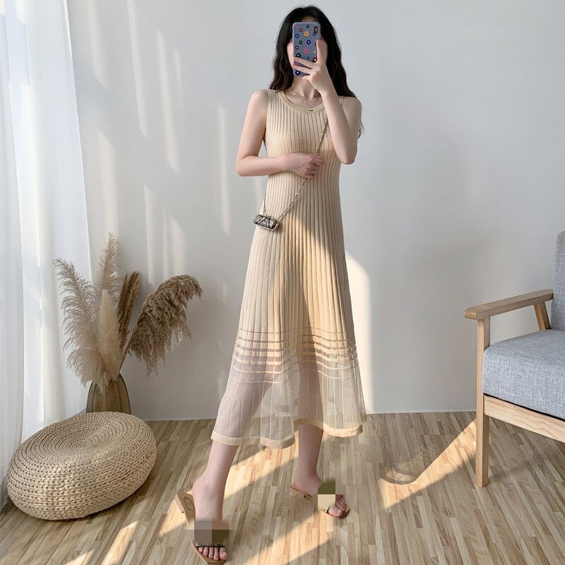 Knitted Sleeveless Long Dress Summer Dress Women's Soft Casual Stretch A Line Mesh Patchwork Striped Hem Dresses