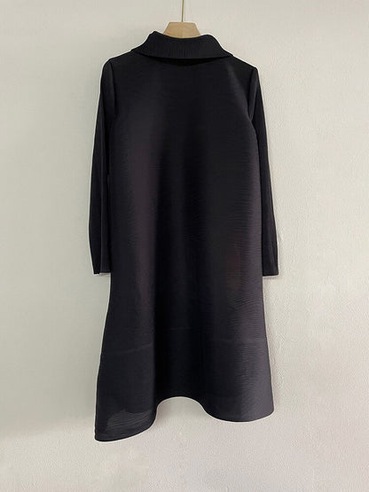 Lapel Loose Pleated Dress Single Breasted Spring Autumn 2023 New Women Long Sleeve Color Block Party Clothes Lady