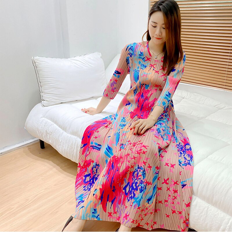 Miyake Pleated Autumn Winter Long Loose Designer Fashion Dress Elegance Women Aesthetic Long sleeve Clothing