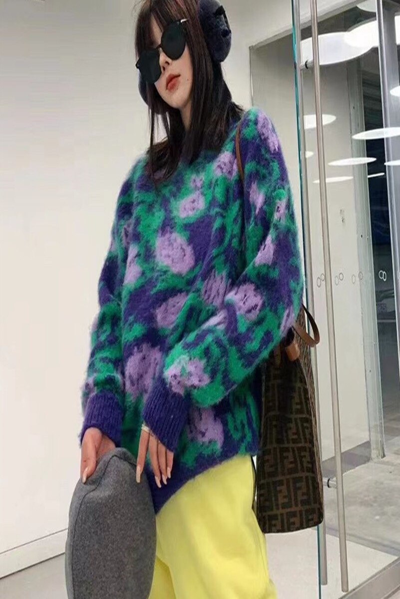 Pinkoz Women's Rhombus Oversized Pullover Autumn New Slim Long Sleeves Elegant O-neck Top Vintage Knitted Sweater Tops