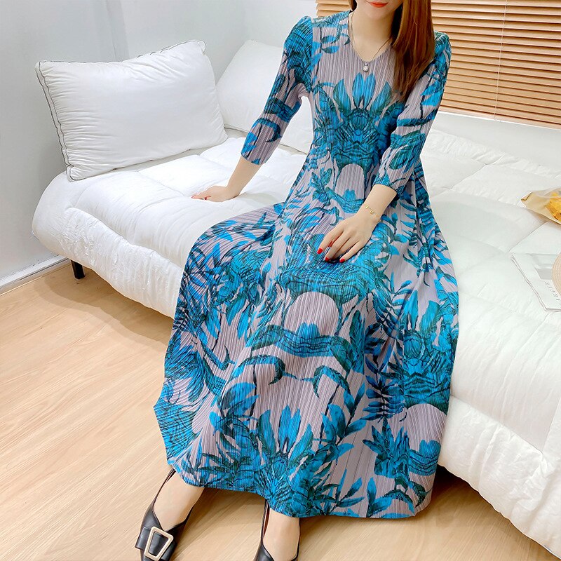 Miyake Pleated Autumn Winter Long Loose Designer Fashion Dress Elegance Women Aesthetic Long sleeve Clothing