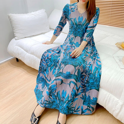Miyake Pleated Autumn Winter Long Loose Designer Fashion Dress Elegance Women Aesthetic Long sleeve Clothing