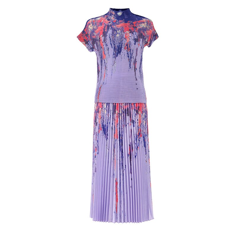 Miyake Pleated Print Fashion Suit Women's 2023 Half Turtleneck Stretch Corn Pleated Top High Waist Drooping Skirt Two-Piece Set