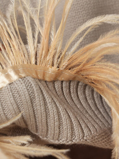 Fashion Women's Sweater Round Neck Loose Hollow Out Ostrich Feather Patchwork Hem Knitted Pullovers Autumn