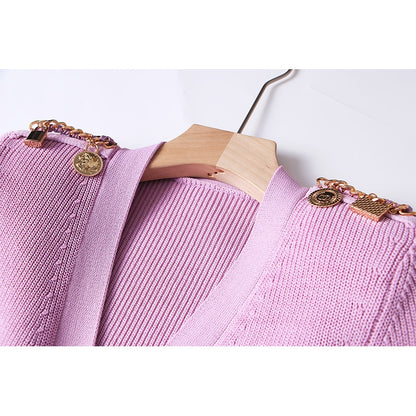 Gorgeous Designing Sexy V-neck Luxury Gold Metal Chain Sweater Knitting Women Violet Color Slit Fit Street Dress