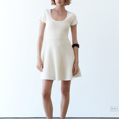 PB&ZA summer new women's temperament solid colour fashion round neck chic waist slip ice knit mini dress