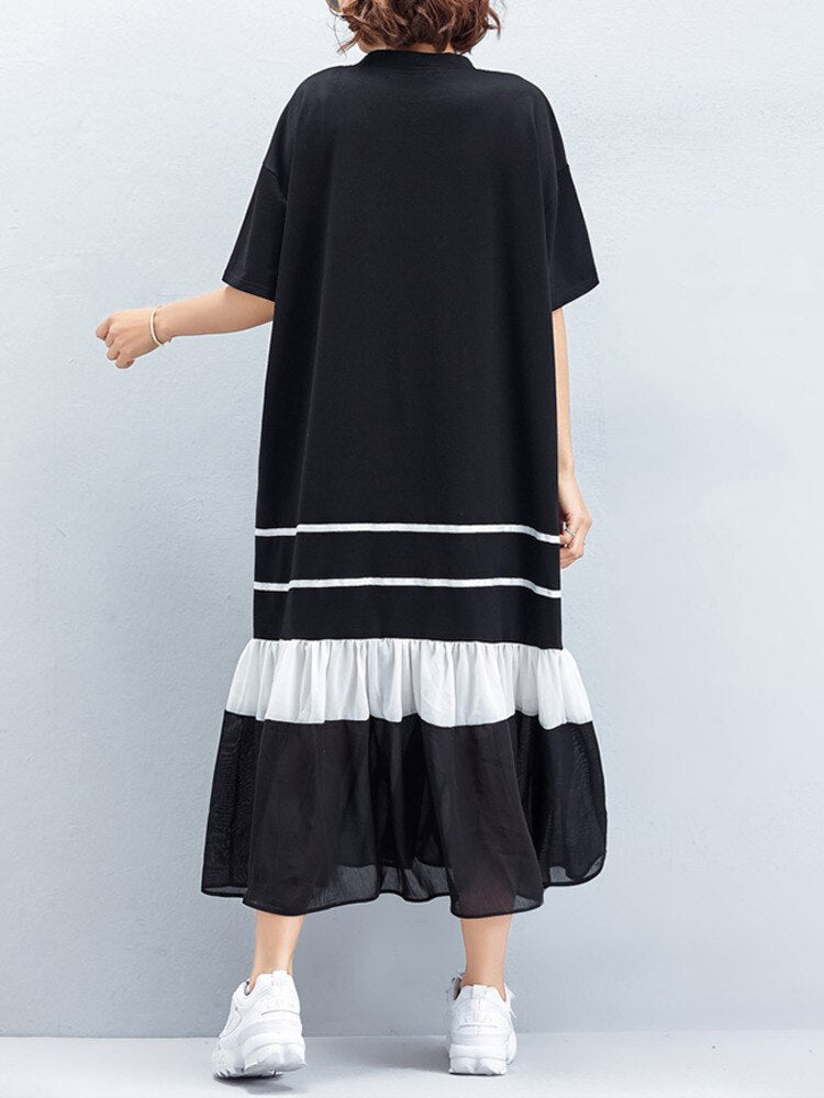 [EWQ] Women Black White T-shirt Dress Big Size Loose Short Sleeve Hem Gauze Patchwork O-neck Dresses  Summer New Tide Robe