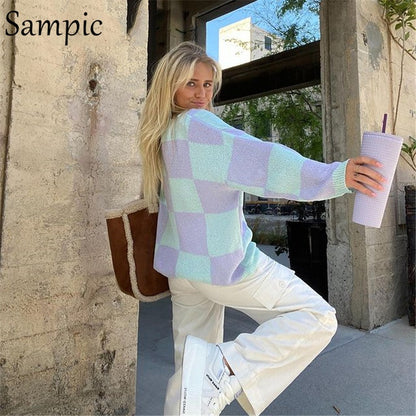 Large Plaid Knitted Women's Sweater New Korean Version Loose Medium Length Garden Collar Long Sleeve Knitted Cardigan