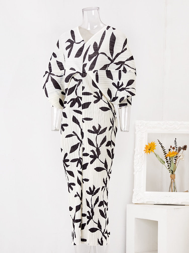 Printed Pleated Dress For Women V-neck Long Batwing Sleeves Contrast Color Dresses Female Clothing