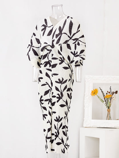 Printed Pleated Dress For Women V-neck Long Batwing Sleeves Contrast Color Dresses Female Clothing