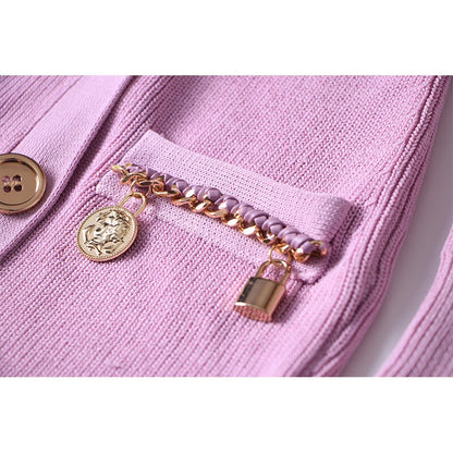 Gorgeous Designing Sexy V-neck Luxury Gold Metal Chain Sweater Knitting Women Violet Color Slit Fit Street Dress