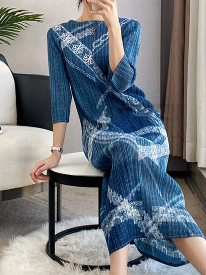 Fashion Mid-length Pleated Dress women Print Round Collar Three Quarter Sleeve Loose Female Clothes