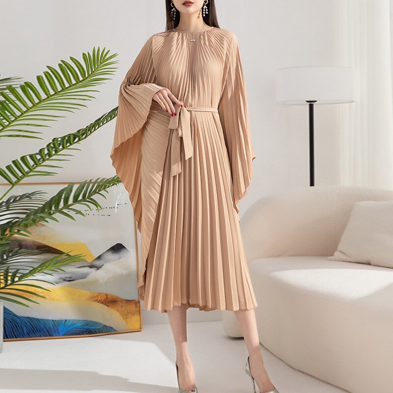 OFF designer loose oversized solid O-neck elegant party evening Pleated dress summer holiday beach chic casual luxury robe femme