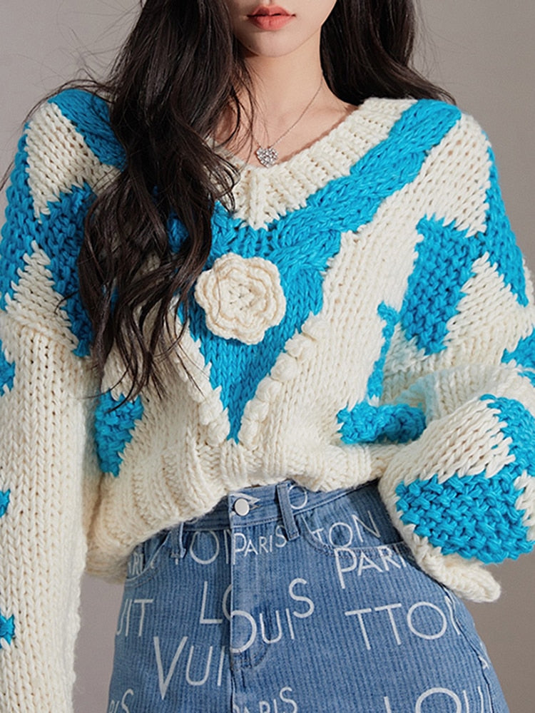 Korean Fashion Sweater For Women V Neck Long Sleeve Patchwork Floral Loose Knitting Pullover Female Autumn Clothing
