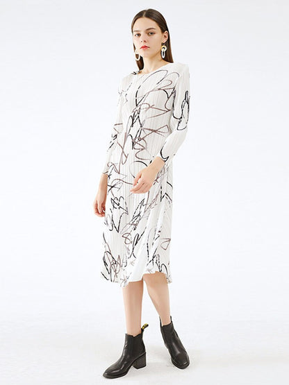 Print Fashion Pleated Elegant Lady Medium Long Round Collar Niche Design New Summer Loose A Line Casual 15KB2482