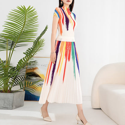 Contrast Color Pleated 2 Pieces Set Women's Turtleneck Short Sleeves Tops High Waist Fold Skirts Casual Clothes