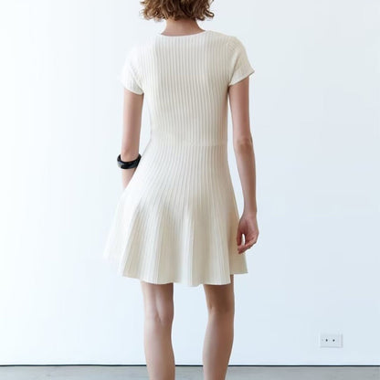 PB&ZA summer new women's temperament solid colour fashion round neck chic waist slip ice knit mini dress