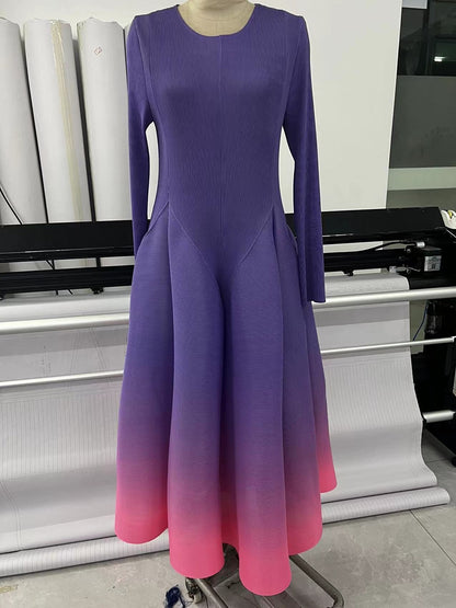 Gradient Color Miyake Pleated Fashion Dress O-Neck Full Sleeves Luxury Party Dresses for Women