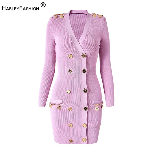 Gorgeous Designing Sexy V-neck Luxury Gold Metal Chain Sweater Knitting Women Violet Color Slit Fit Street Dress