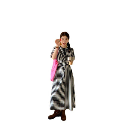 Korean Version of French Design with Irregular Tie Up Waist And Round Neck, Medium Length Split Stripe Short Sleeved Dress